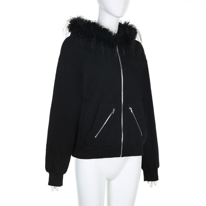 AltGoth Dark Academia Gothic Sweatshirt Women Streetwear Harajuku Vintage Y2k E-girl Cyber Punk Fur Collar Loose Cardigan Tops.