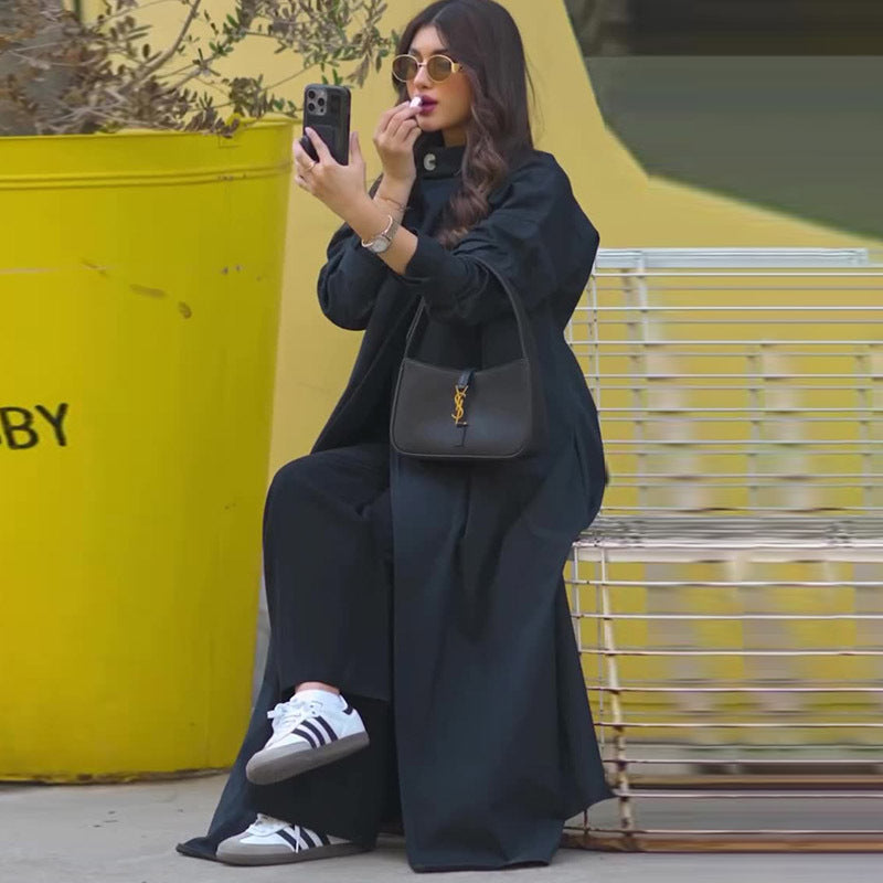 Muslim Abaya Women Trench Coat Morocco Overcoat England Retro Motorcycle Jacket Dubai Long Outerwear Eid Ramadan Saudi Arab 2025.