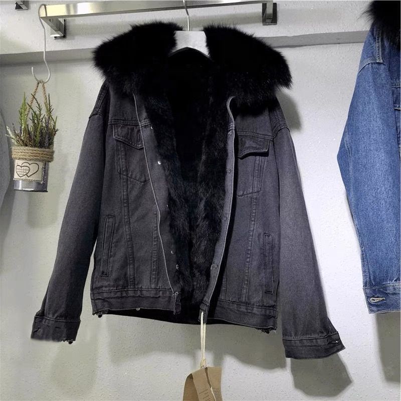 Frauen Denim Kosten Einreiher Taste Jacken Fleece Patchwork Strickjacke Taschen Oberbekleidung Casual Warm Solide Lose Fit