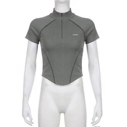 Women's Short Sleeve T-Shirt, Slim, Turn-Down Collar, Preppy Style, Patchwork, Casual, Summer Fashion, Fake 2 Piece, 2024