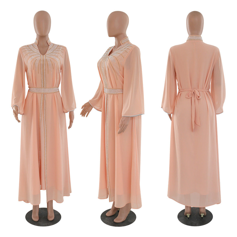 Marokko Party Kleid Frauen Muslimischen Abaya Stehkragen Mode Dubai Abayas Diamant Kaftan Elegante Robe Vestidos Türkei Kleid