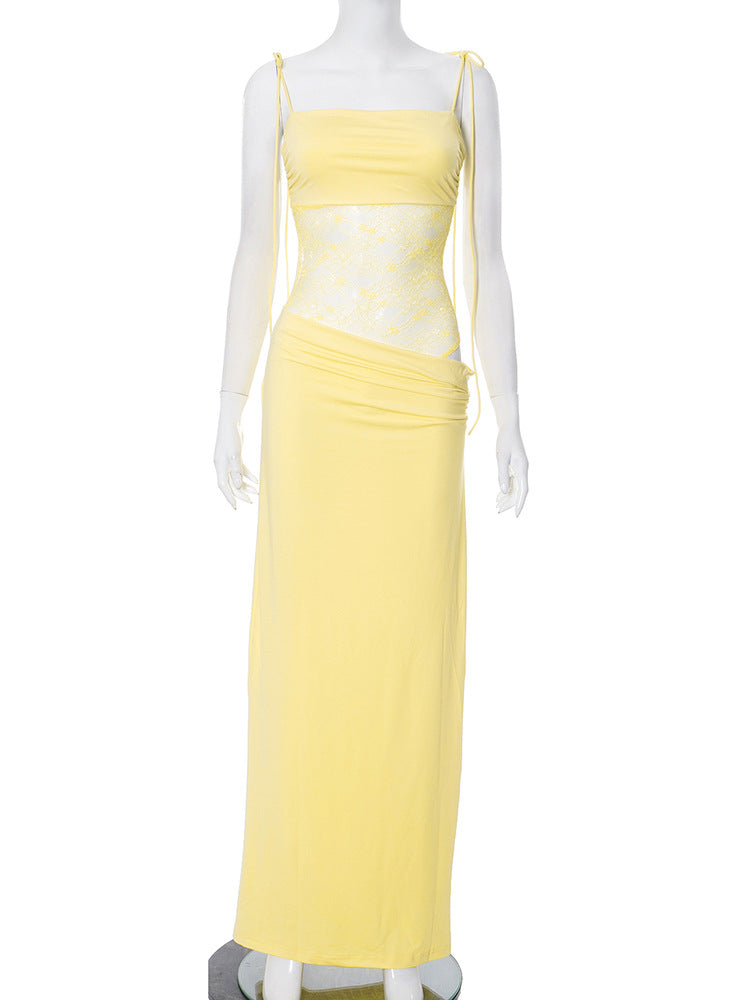 Elegante Spitzen-Maxikleider für Frauen 2022, sexy Spaghettiträger, Patchwork, Feiertage, Partykleid, Sommer, rückenfrei, langes Kleid