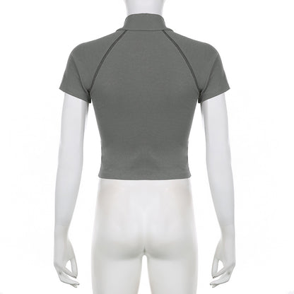 Women's Short Sleeve T-Shirt, Slim, Turn-Down Collar, Preppy Style, Patchwork, Casual, Summer Fashion, Fake 2 Piece, 2024