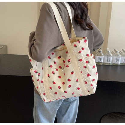 Strawberries Corduroy Handbag Sweet Women's Bag Fashionable Versatile Shoulder Bag Beautiful Simple Commuter Women's Tote Bags.