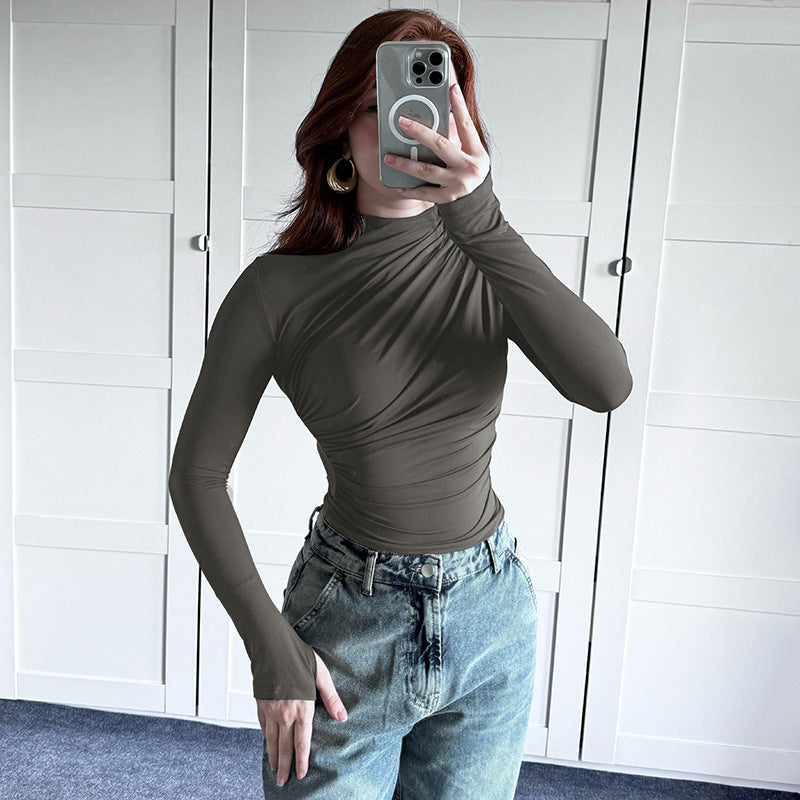 Gtpdpllt Women Tees Sexy Turtleneck Long Sleeve Pleated Basic Women's T-shirts 2025 Spring Autumn Fashion Chic Female Streetwear