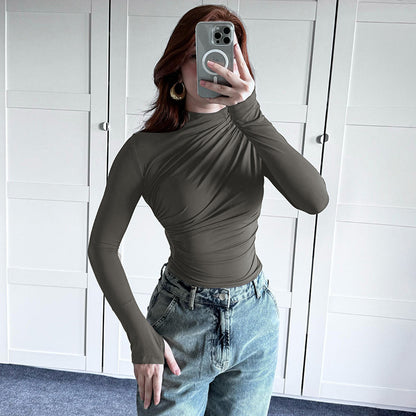 Gtpdpllt Women Tees Sexy Turtleneck Long Sleeve Pleated Basic Women's T-shirts 2025 Spring Autumn Fashion Chic Female Streetwear
