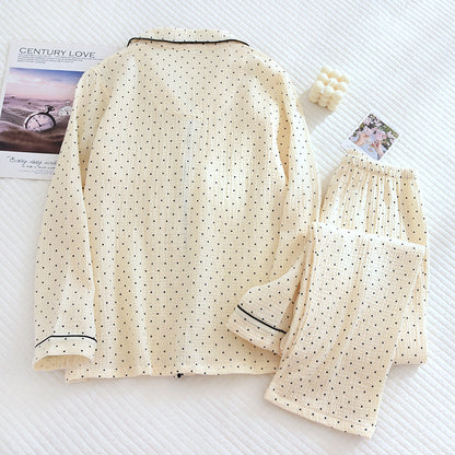 2025 Spring and Autumn New Women's Pajama Set 100%cotton crepe long-sleeved trousers two-piece polka dot cute home wear thin set