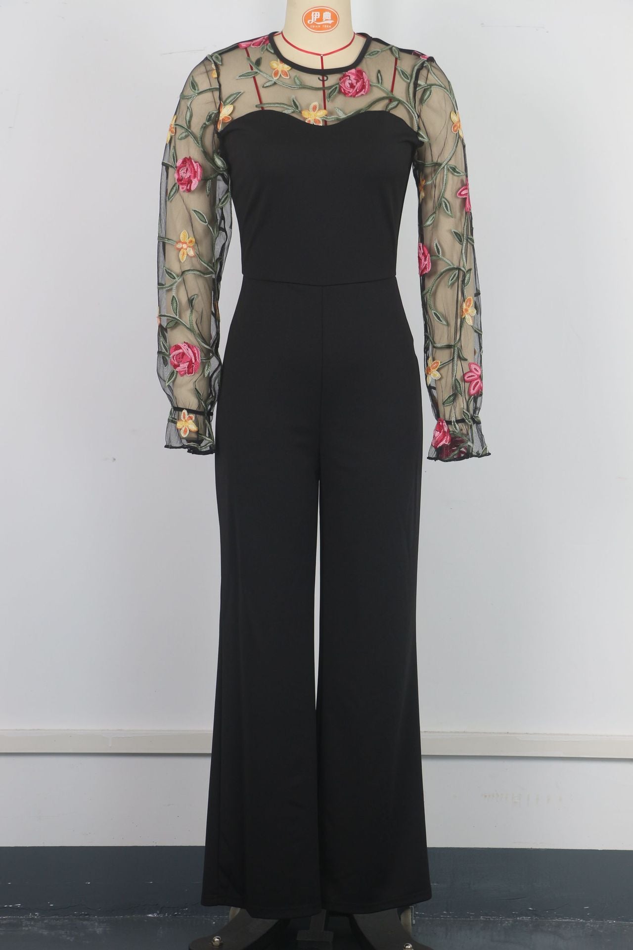 Spring Embroidery Floral jumpsuit Women Mesh long sleeve patchwork one piece set Elegant slim high waist wide leg Romper.