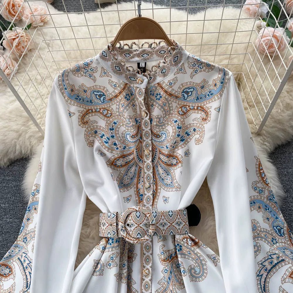 Fall Vintage Stand Collar Casual Midi Dress For Women Flare Sleeve Empire Printed Lace Dress.