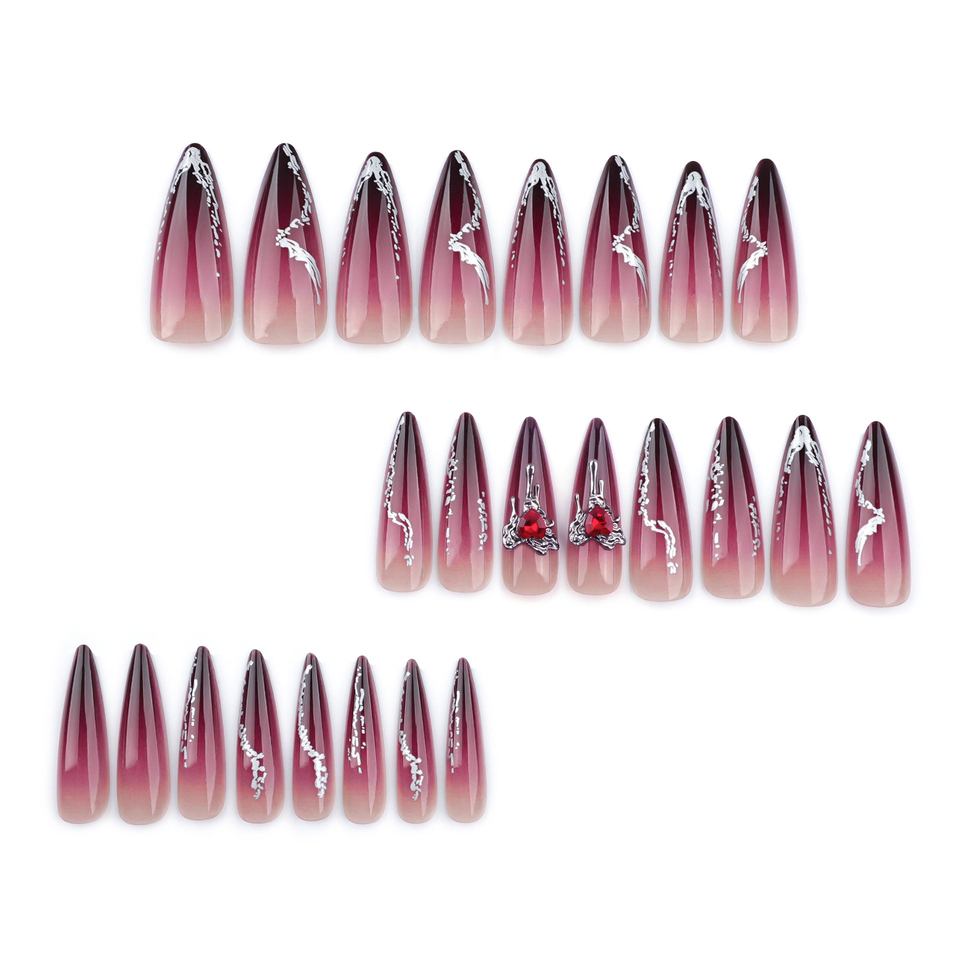 24Pc False Nails with Glue Almond Black Red Gradient Design Detachable Rhinestone Acrylic Fake Nail Long Stiletto Press on Nails.