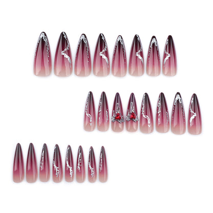 24Pc False Nails with Glue Almond Black Red Gradient Design Detachable Rhinestone Acrylic Fake Nail Long Stiletto Press on Nails.