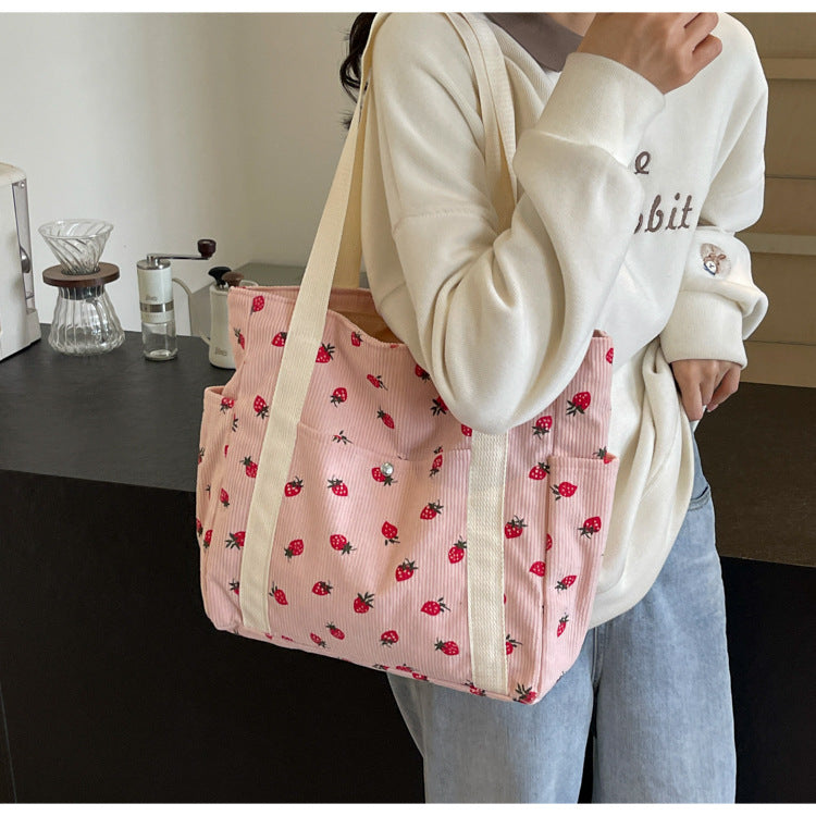 Strawberries Corduroy Handbag Sweet Women's Bag Fashionable Versatile Shoulder Bag Beautiful Simple Commuter Women's Tote Bags.