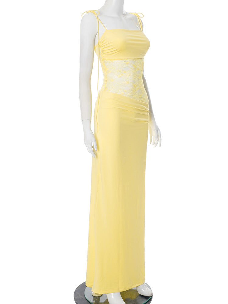 Elegante Spitzen-Maxikleider für Frauen 2022, sexy Spaghettiträger, Patchwork, Feiertage, Partykleid, Sommer, rückenfrei, langes Kleid