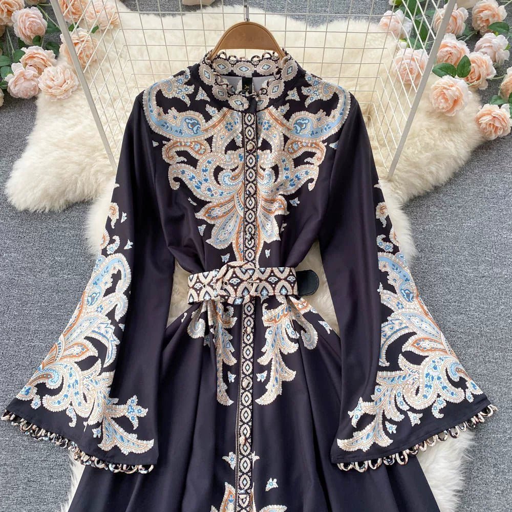 Fall Vintage Stand Collar Casual Midi Dress For Women Flare Sleeve Empire Printed Lace Dress