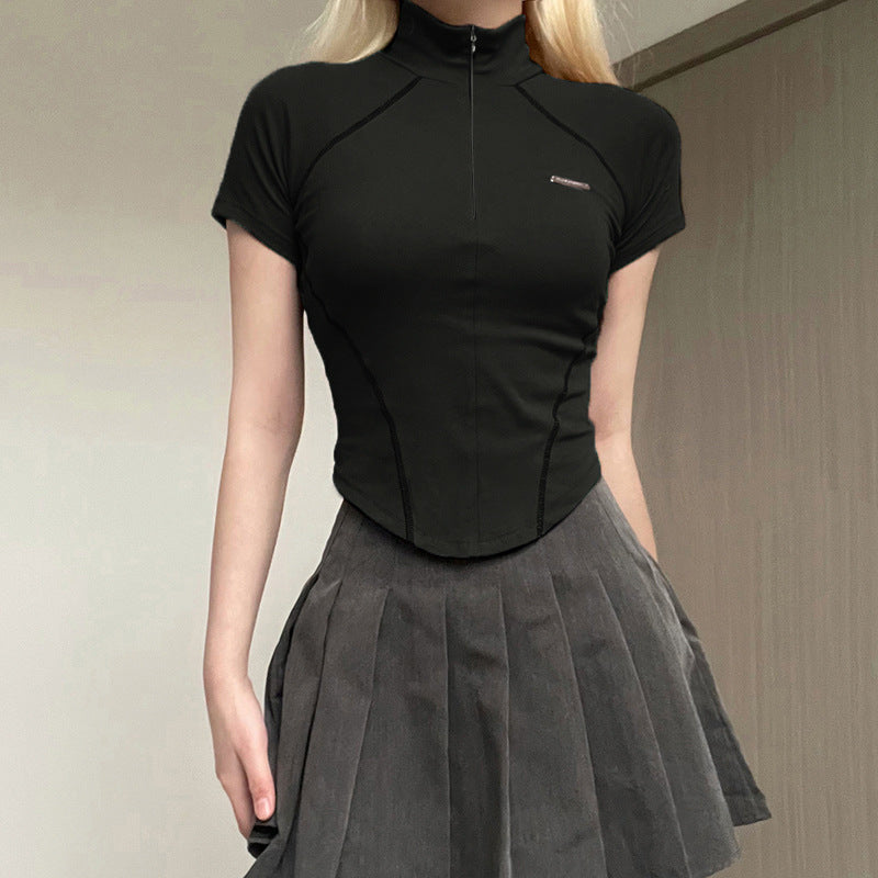 Women's Short Sleeve T-Shirt, Slim, Turn-Down Collar, Preppy Style, Patchwork, Casual, Summer Fashion, Fake 2 Piece, 2024.