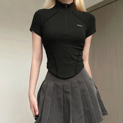 Women's Short Sleeve T-Shirt, Slim, Turn-Down Collar, Preppy Style, Patchwork, Casual, Summer Fashion, Fake 2 Piece, 2024.