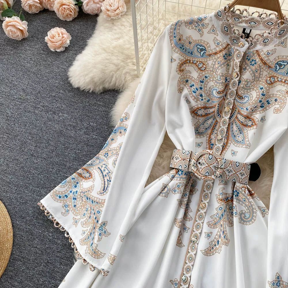 Fall Vintage Stand Collar Casual Midi Dress For Women Flare Sleeve Empire Printed Lace Dress