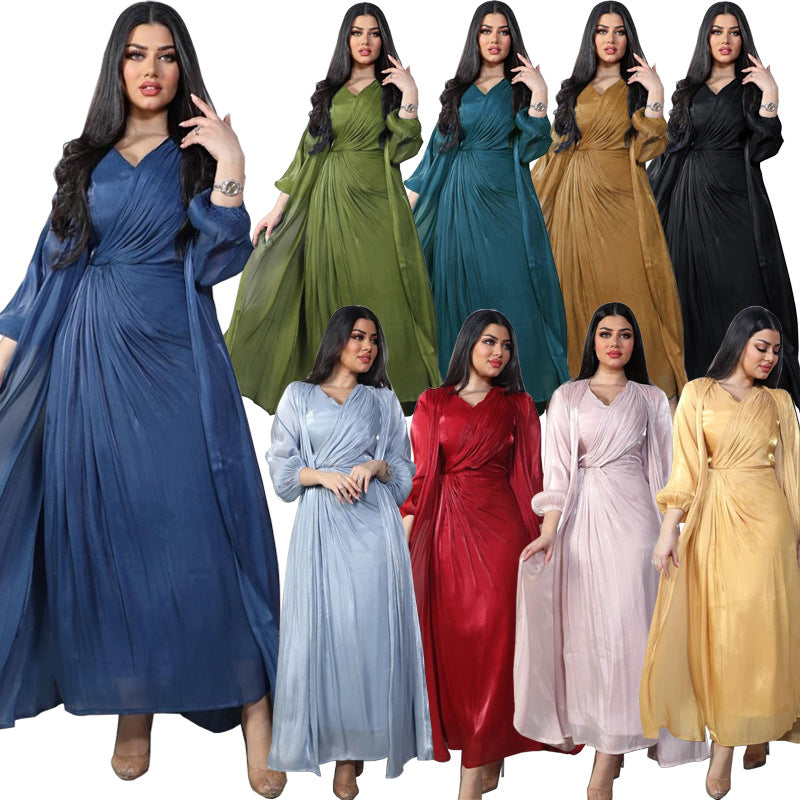 Morocco Party Dress Women Abaya 2 Piece Set Silky Satin Dubai Muslim Dresses Eid Caftan Evening Long Robe Vestidos Abayas Robe.