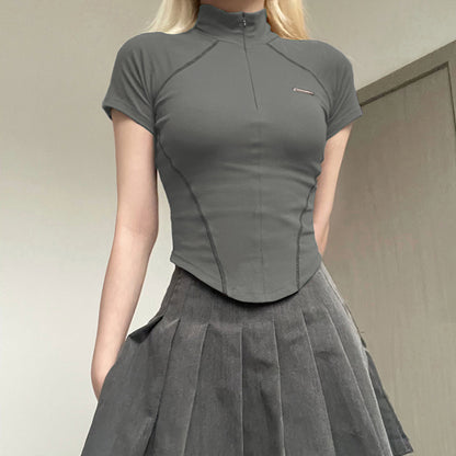 Women's Short Sleeve T-Shirt, Slim, Turn-Down Collar, Preppy Style, Patchwork, Casual, Summer Fashion, Fake 2 Piece, 2024