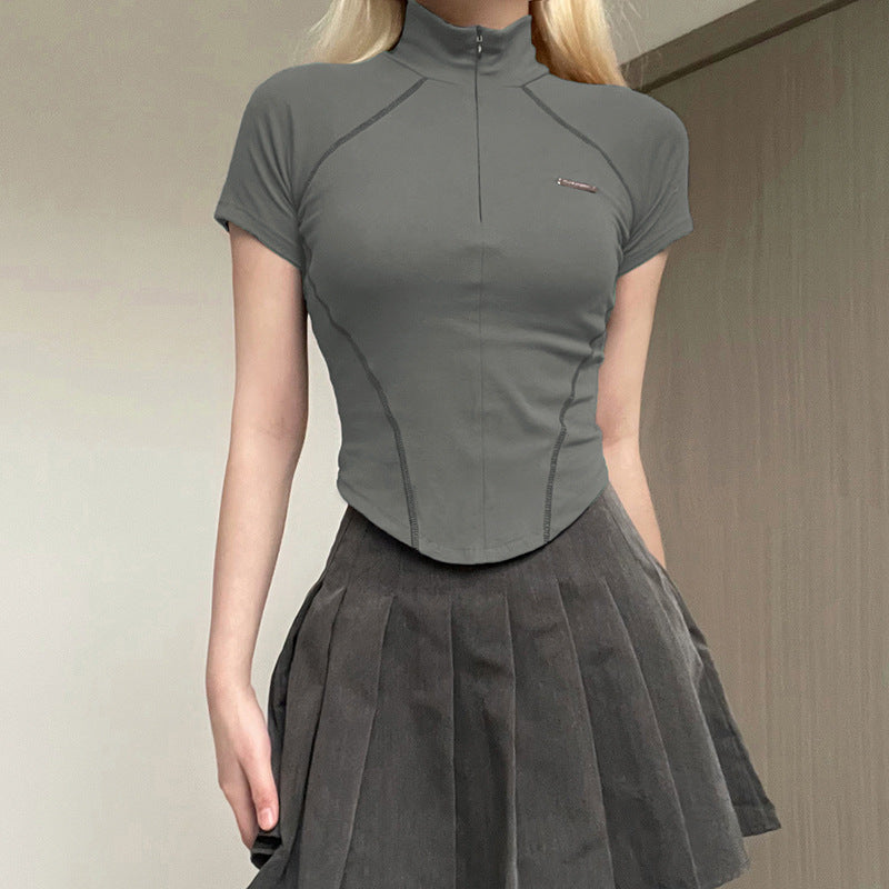 Women's Short Sleeve T-Shirt, Slim, Turn-Down Collar, Preppy Style, Patchwork, Casual, Summer Fashion, Fake 2 Piece, 2024.