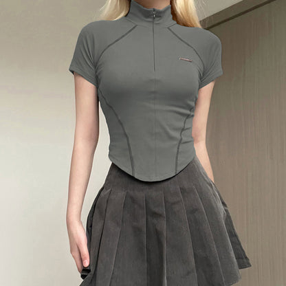 Women's Short Sleeve T-Shirt, Slim, Turn-Down Collar, Preppy Style, Patchwork, Casual, Summer Fashion, Fake 2 Piece, 2024.