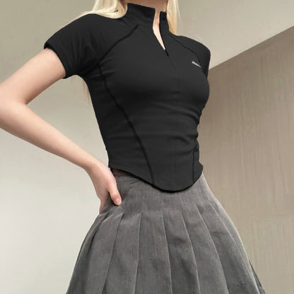 Women's Short Sleeve T-Shirt, Slim, Turn-Down Collar, Preppy Style, Patchwork, Casual, Summer Fashion, Fake 2 Piece, 2024