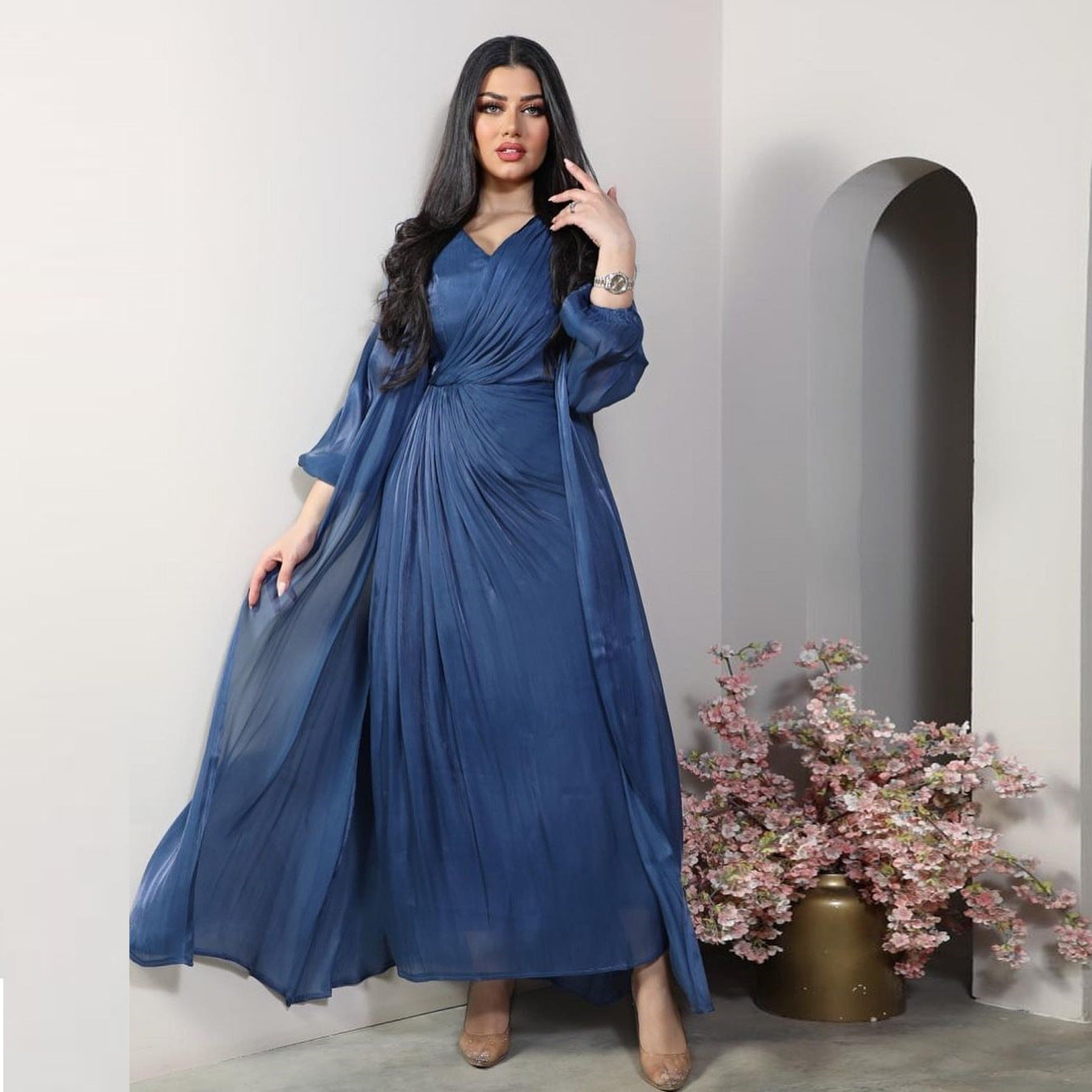 Morocco Party Dress Women Abaya 2 Piece Set Silky Satin Dubai Muslim Dresses Eid Caftan Evening Long Robe Vestidos Abayas Robe.