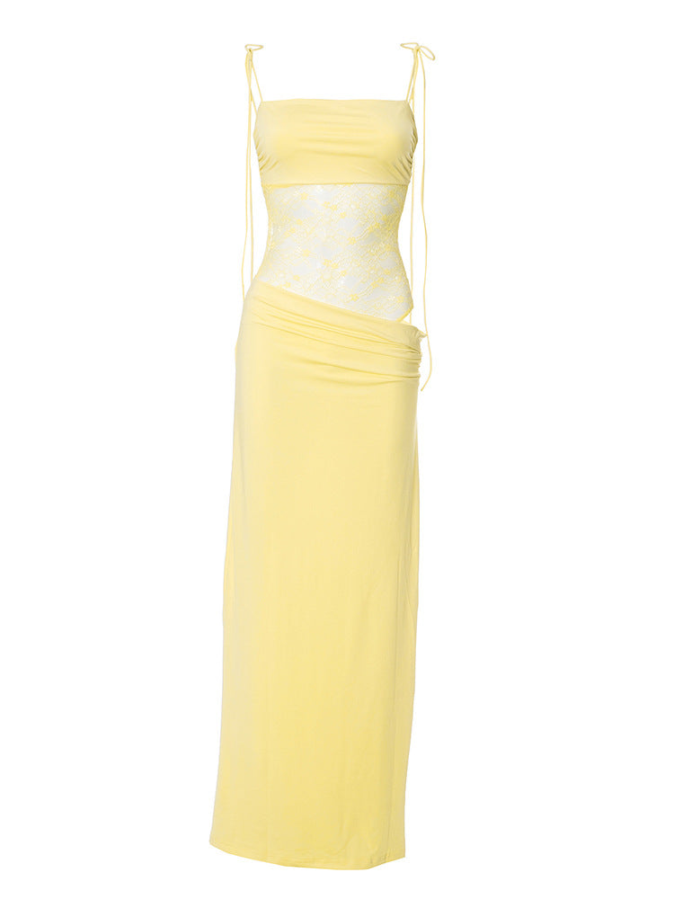 Elegante Spitzen-Maxikleider für Frauen 2022, sexy Spaghettiträger, Patchwork, Feiertage, Partykleid, Sommer, rückenfrei, langes Kleid