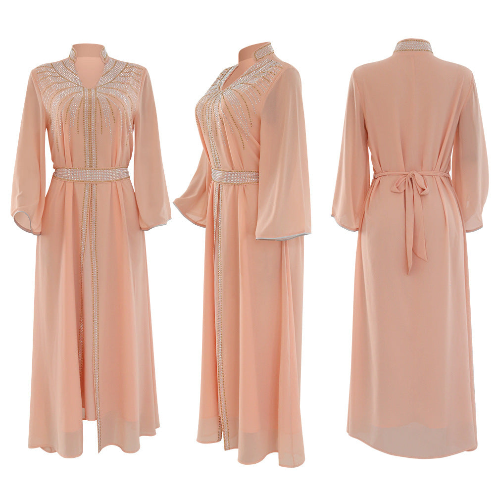 Marokko Party Kleid Frauen Muslimischen Abaya Stehkragen Mode Dubai Abayas Diamant Kaftan Elegante Robe Vestidos Türkei Kleid