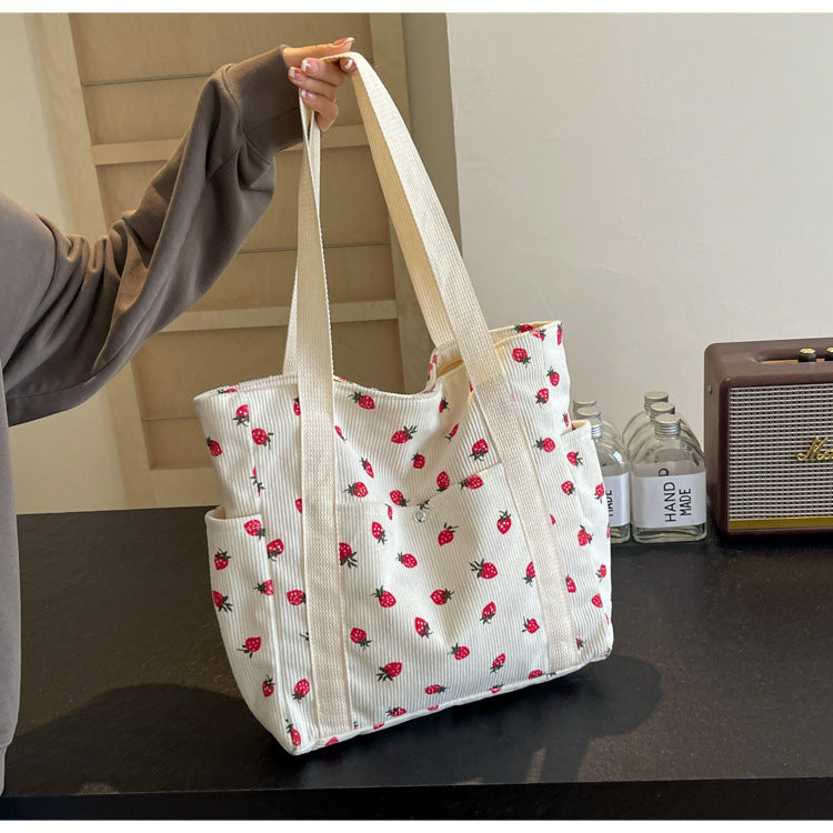 Strawberries Corduroy Handbag Sweet Women's Bag Fashionable Versatile Shoulder Bag Beautiful Simple Commuter Women's Tote Bags.