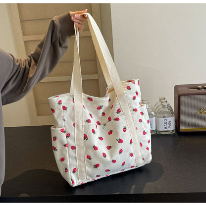 Strawberries Corduroy Handbag Sweet Women's Bag Fashionable Versatile Shoulder Bag Beautiful Simple Commuter Women's Tote Bags.