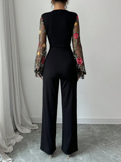 Spring Embroidery Floral jumpsuit Women Mesh long sleeve patchwork one piece set Elegant slim high waist wide leg Romper.