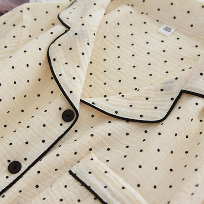 2025 Spring and Autumn New Women's Pajama Set 100%cotton crepe long-sleeved trousers two-piece polka dot cute home wear thin set.