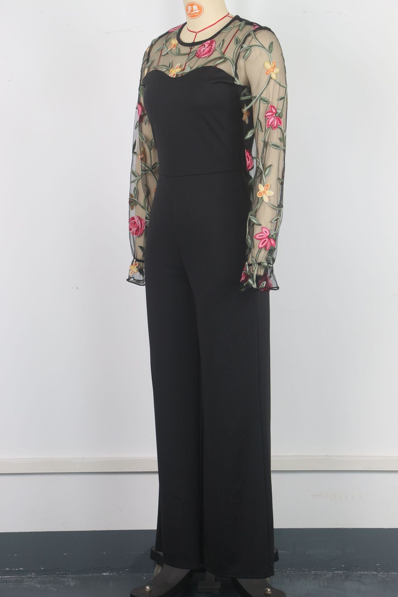 Spring Embroidery Floral jumpsuit Women Mesh long sleeve patchwork one piece set Elegant slim high waist wide leg Romper.