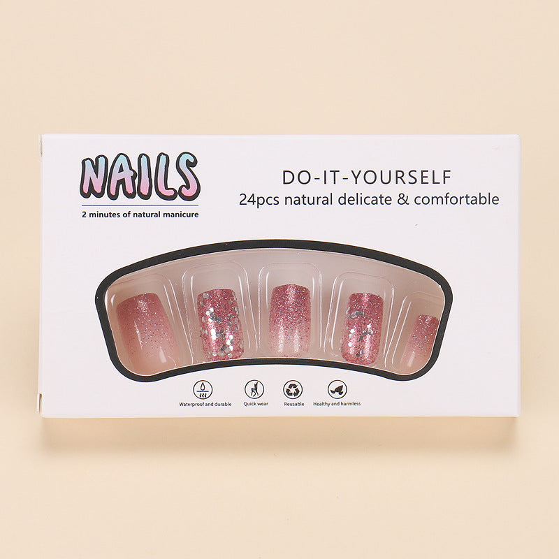 24Pcs Medium Short Square False Nails Glittering Nail Art White Wearable Fake Nail Silver French Full Cover Press on Nail Tips.