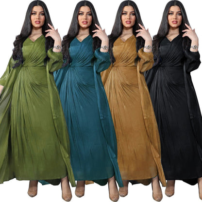 Morocco Party Dress Women Abaya 2 Piece Set Silky Satin Dubai Muslim Dresses Eid Caftan Evening Long Robe Vestidos Abayas Robe.