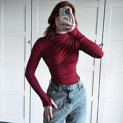 Gtpdpllt Women Tees Sexy Turtleneck Long Sleeve Pleated Basic Women's T-shirts 2025 Spring Autumn Fashion Chic Female Streetwear
