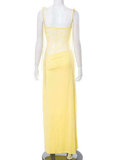 Elegante Spitzen-Maxikleider für Frauen 2022, sexy Spaghettiträger, Patchwork, Feiertage, Partykleid, Sommer, rückenfrei, langes Kleid