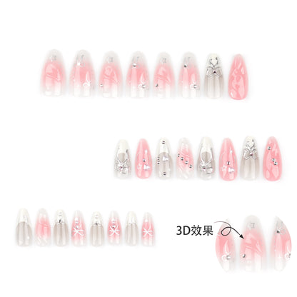 24Pcs White Almond False Nails Ballet with French Design Wearable Fake Nails Gradient Simple Full Cover Press on Nail Tips Art.