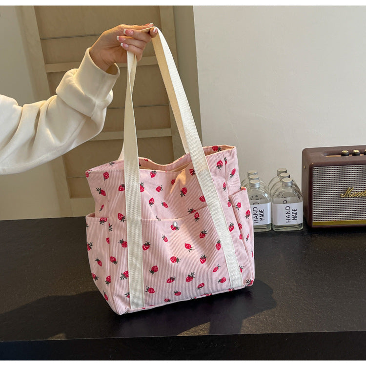 Strawberries Corduroy Handbag Sweet Women's Bag Fashionable Versatile Shoulder Bag Beautiful Simple Commuter Women's Tote Bags.