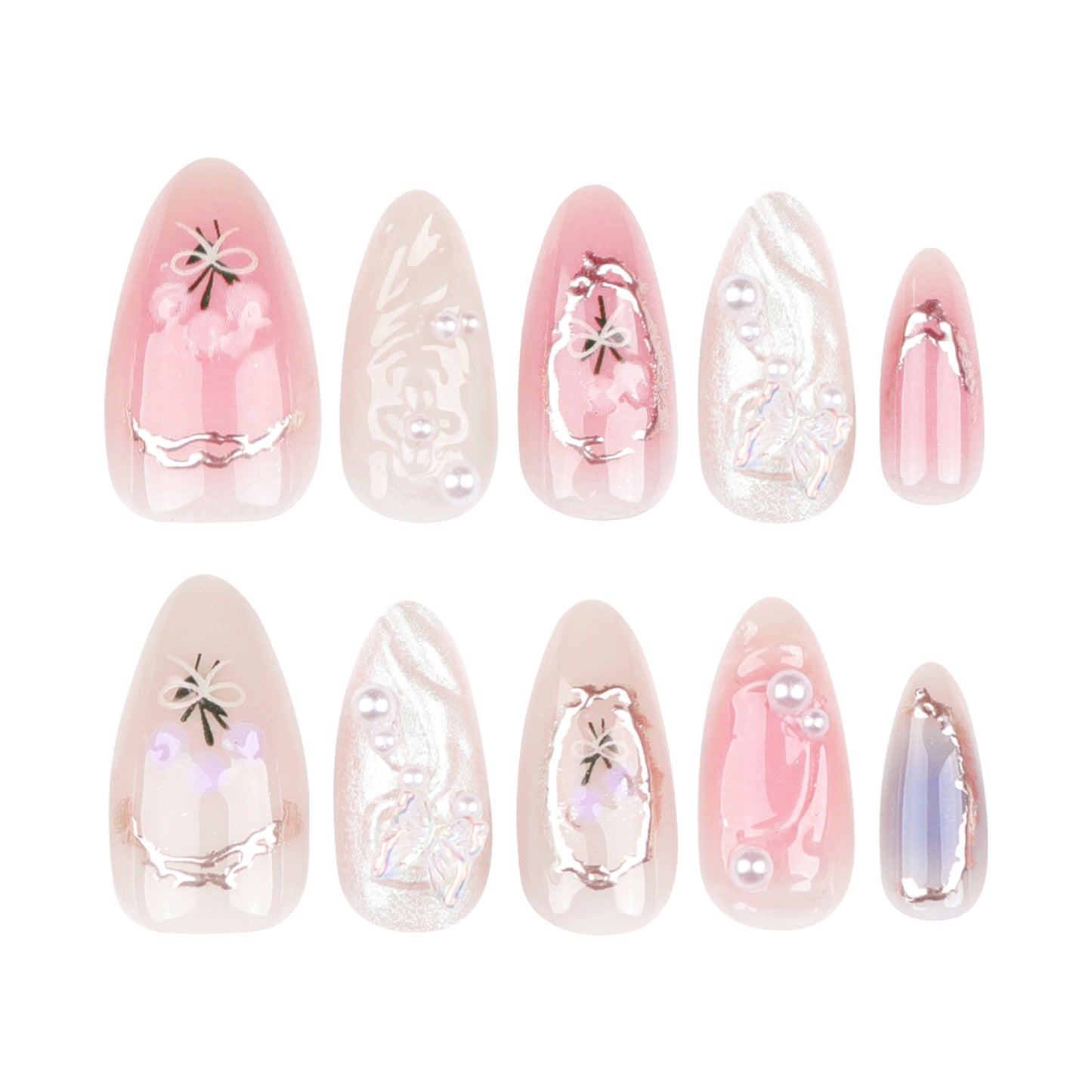 24Pcs Pink Almond False Nails Butterfly Ballet with French Design Wearable Fake Nails Simple Artificial Press on Nails Tips Art.
