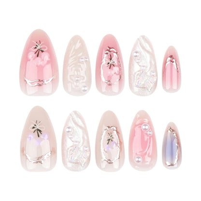24Pcs Pink Almond False Nails Butterfly Ballet with French Design Wearable Fake Nails Simple Artificial Press on Nails Tips Art.
