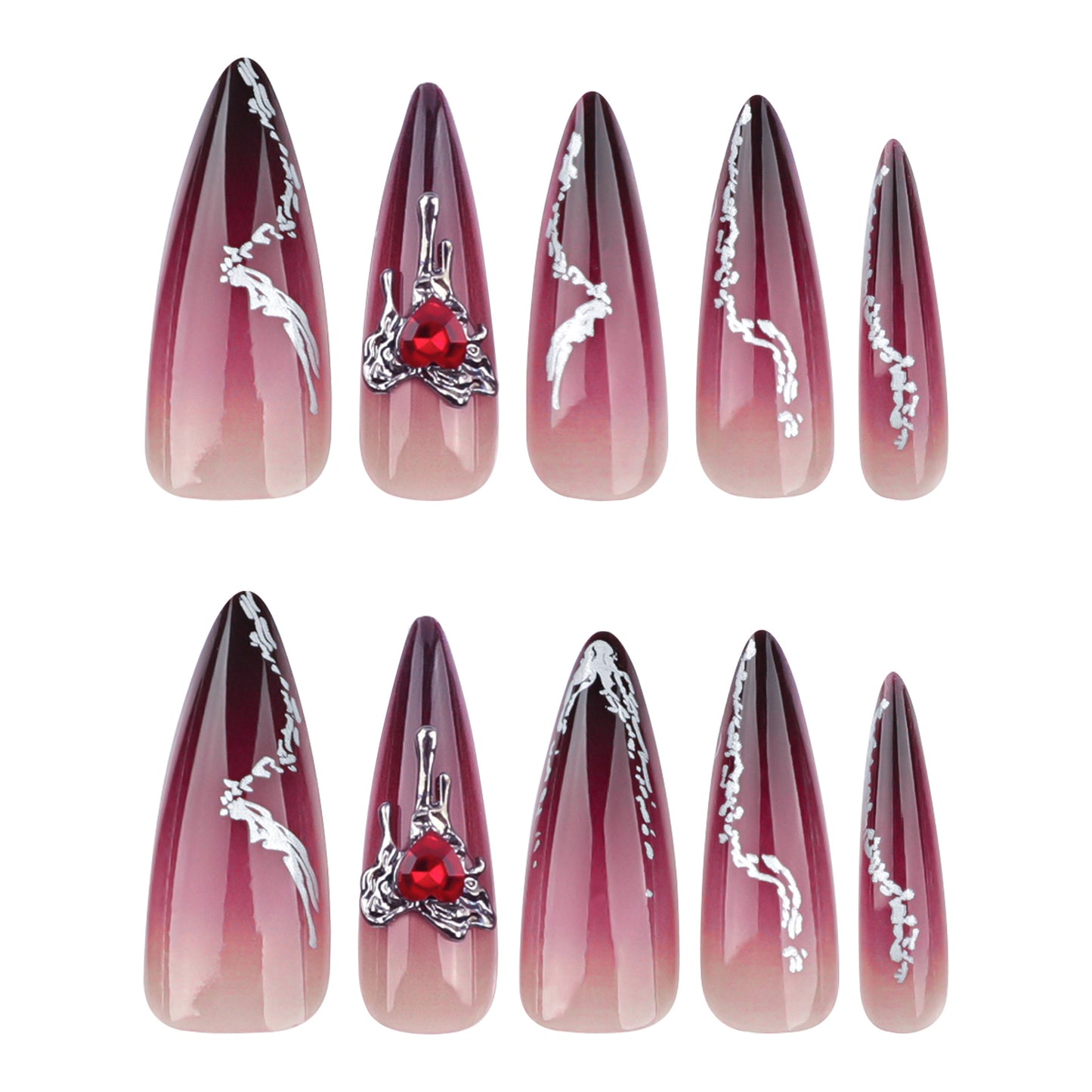 24Pc False Nails with Glue Almond Black Red Gradient Design Detachable Rhinestone Acrylic Fake Nail Long Stiletto Press on Nails.