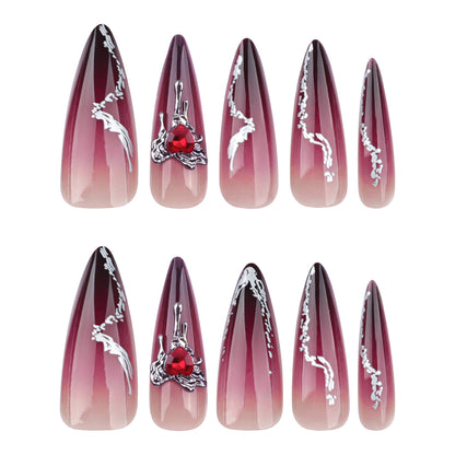 24Pc False Nails with Glue Almond Black Red Gradient Design Detachable Rhinestone Acrylic Fake Nail Long Stiletto Press on Nails.