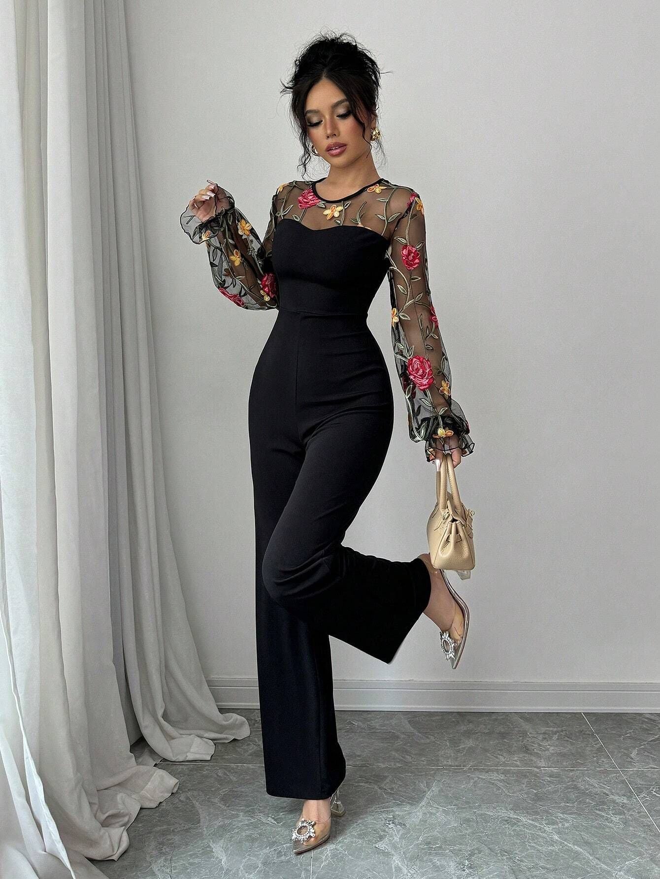 Spring Embroidery Floral jumpsuit Women Mesh long sleeve patchwork one piece set Elegant slim high waist wide leg Romper.