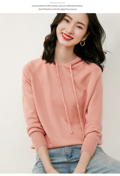 Women's Autumn and Winter New Casual Hoodies Sport Loose Hooded Knitted Hoodie Pullover Sweater