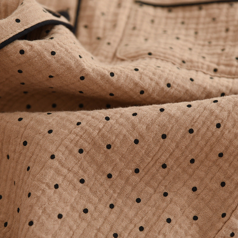 2025 Spring and Autumn New Women's Pajama Set 100%cotton crepe long-sleeved trousers two-piece polka dot cute home wear thin set.