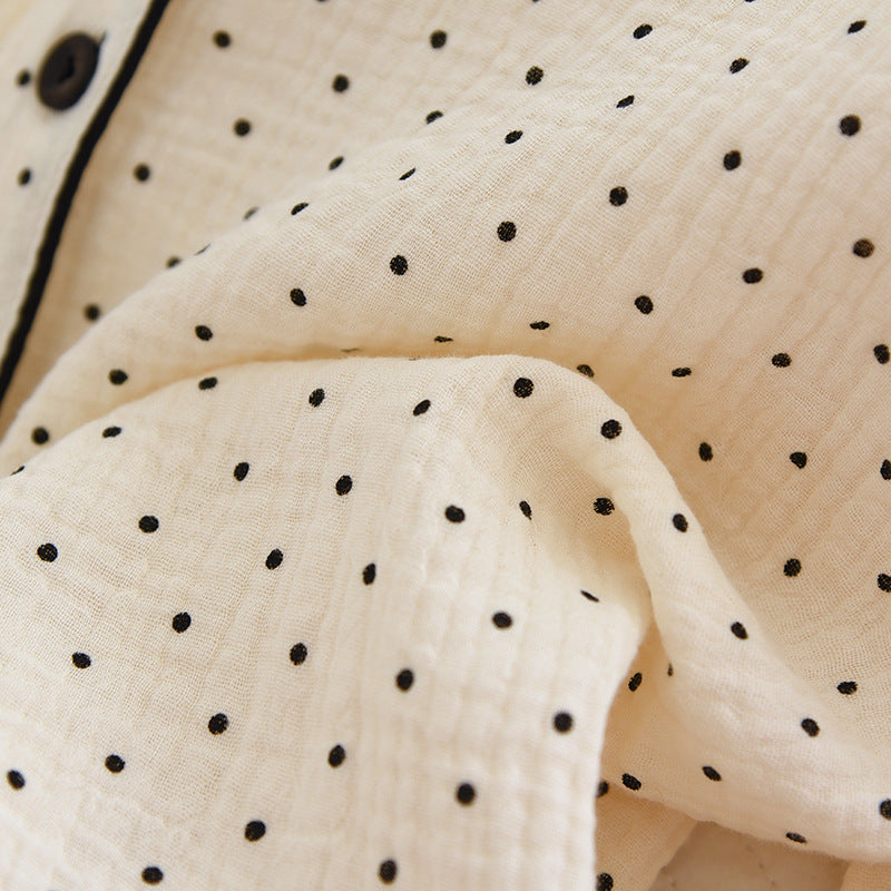 2025 Spring and Autumn New Women's Pajama Set 100%cotton crepe long-sleeved trousers two-piece polka dot cute home wear thin set.