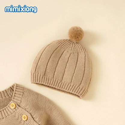 Baby Rompers Knitted Autumn Long Sleeve Newborn Boys Girls Jumpsuits Hats Outfits Sets Winter Solid Infant Netural Overall 0-18m