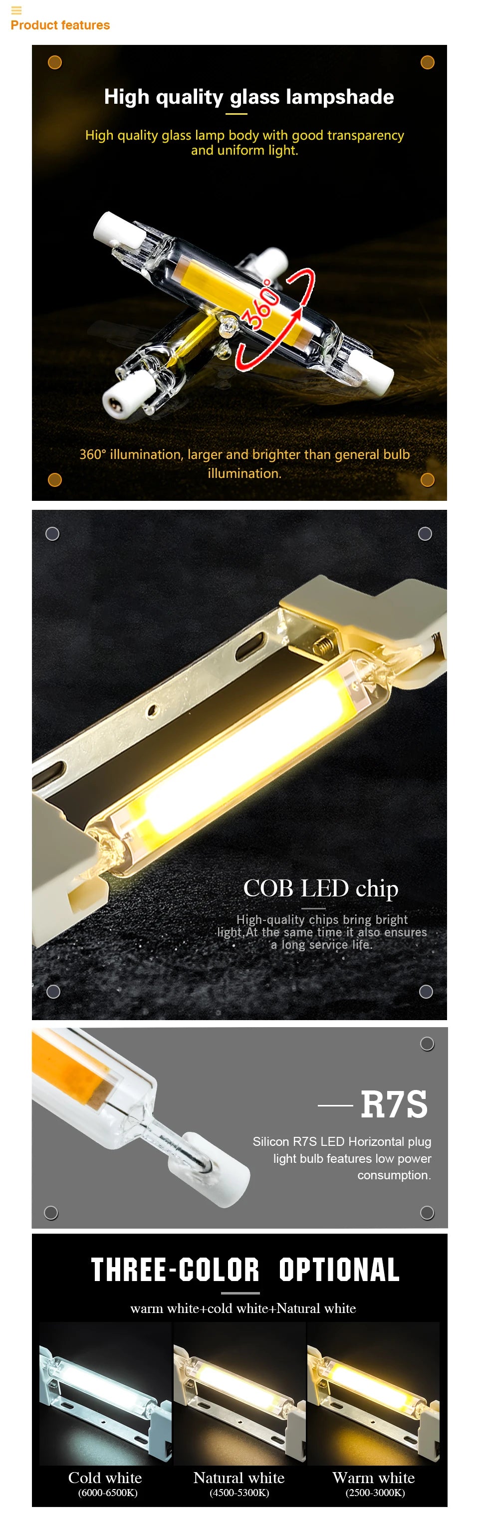 R7S LED 78mm 15W 20W R7S Spotlight 118mm 30W 50W AC 110V 220V 230V J78 J118 COB Lamp Bulb Glass Tube Replace Halogen Lamp Light.